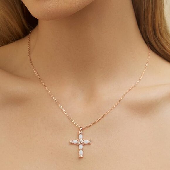 Neiman Marcus  Rose Gold Plated Opal Cross Necklace - Picture 5 of 6